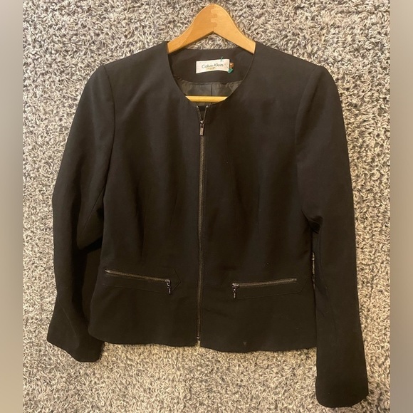 CALVIN KLEIN Blazer Front Zip Up Jacket Size 10 Collarless Black/DarkBlue - Picture 5 of 7